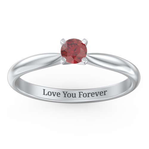 1/4 ct. Round Gemstone Engagement Ring with Tapered Band – 10K White Gold with Garnet