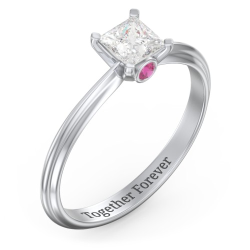 1/2 ct. Princess Gemstone Peek-A-Boo Engagement Ring with Ridged Band – Sterling Silver with White Premium Zirconia and Ruby
