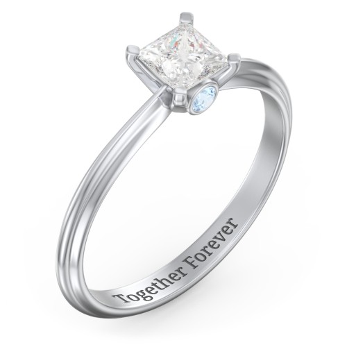 1/2 ct. Princess Gemstone Peek-A-Boo Engagement Ring with Ridged Band – Sterling Silver with White Premium Zirconia and Blue Topaz