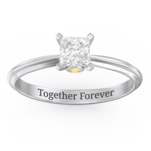 1/2 ct. Princess Gemstone Peek-A-Boo Engagement Ring with Ridged Band – Sterling Silver with White Premium Zirconia and Citrine
