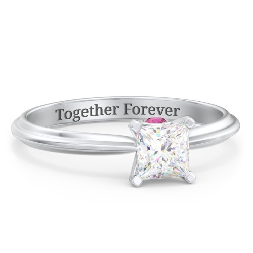 1/2 ct. Princess Gemstone Peek-A-Boo Engagement Ring with Ridged Band – Sterling Silver with White Premium Zirconia and Ruby