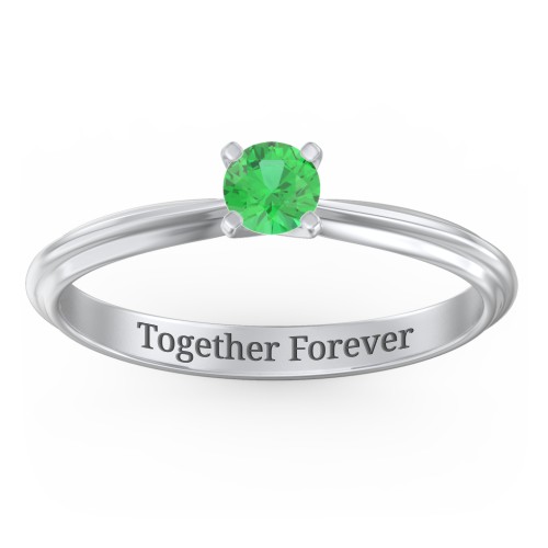 1/4 ct. Round Gemstone Engagement Ring with Ridged Band – Sterling Silver with Emerald
