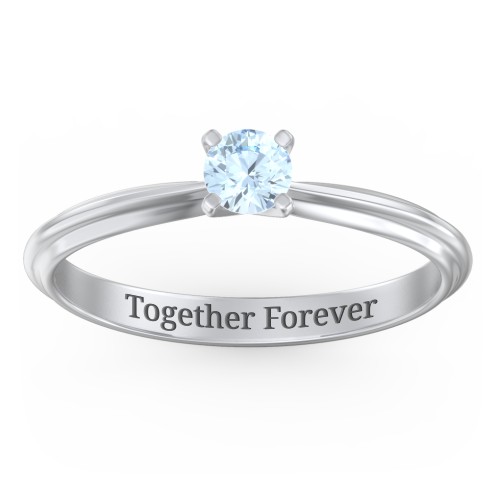 1/4 ct. Round Gemstone Engagement Ring with Ridged Band – Sterling Silver with Aquamarine