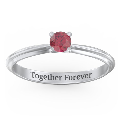 1/4 ct. Round Gemstone Engagement Ring with Ridged Band – 10K White Gold with Ruby