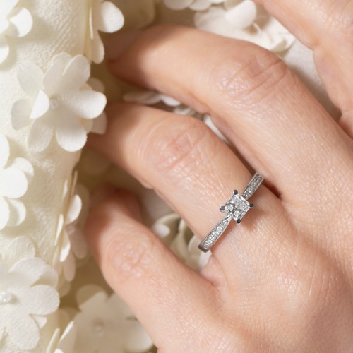 1/2 ct. Princess Gemstone Engagement Ring with Side Accent Stones – 10K Yellow Gold with White Premium Zirconia