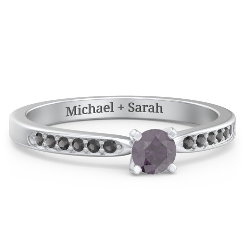 1/4 ct. Round Gemstone Engagement Ring with Side Accent Stones – Sterling Silver with Alexandrite and Black Premium Zirconia