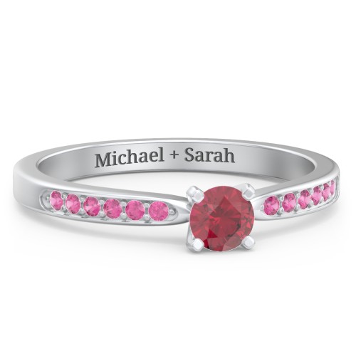 1/4 ct. Round Gemstone Engagement Ring with Side Accent Stones – Sterling Silver with Ruby and Red Premium Zirconia