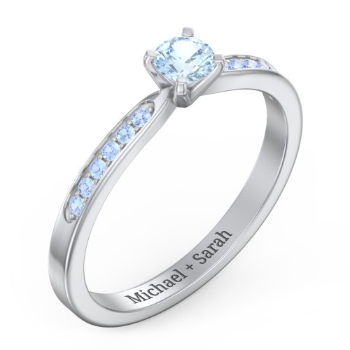 1/4 ct. Round Gemstone Engagement Ring with Side Accent Stones – Sterling Silver with Aquamarine and Fancy Blue Premium Zirconia