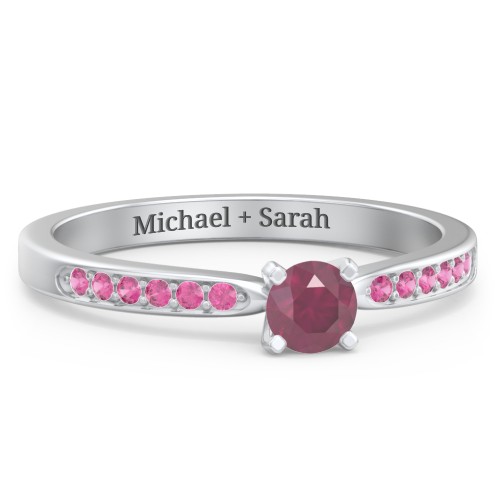 1/4 ct. Round Gemstone Engagement Ring with Side Accent Stones – Sterling Silver with Ruby and Red Premium Zirconia