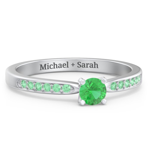 1/4 ct. Round Gemstone Engagement Ring with Side Accent Stones – Sterling Silver with Emerald and Green Premium Zirconia