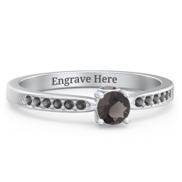 1/4 ct. Round Gemstone Peek-A-Boo Engagement Ring with Side Accent Stones in 925 Sterling Silver with Smokey Quartz and Black Premium Zirconia