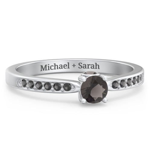 1/4 ct. Round Gemstone Peek-A-Boo Engagement Ring with Side Accent Stones – Sterling Silver with Smokey Quartz and Black Premium Zirconia