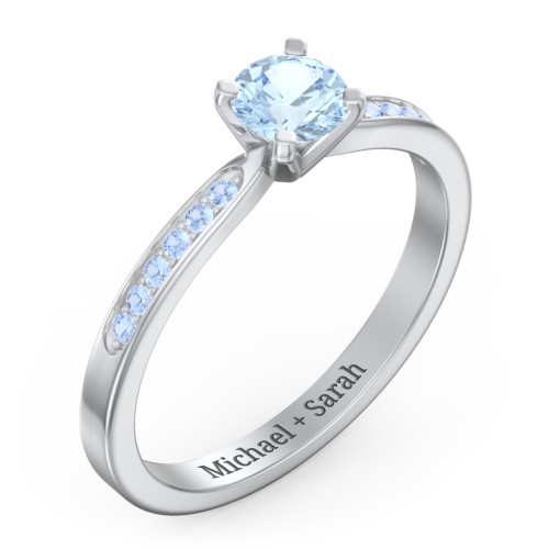 1/2 ct. Round Gemstone Engagement Ring with Side Accent Stones – Sterling Silver with Aquamarine and Fancy Blue Premium Zirconia