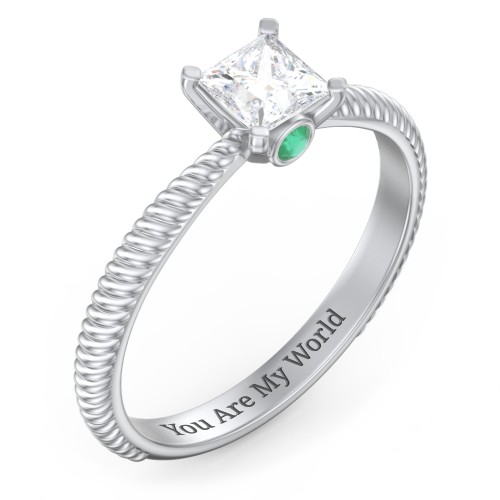 1/2 ct. Princess Gemstone Peek-A-Boo Engagement Ring with Twisted Rope Band – Sterling Silver with White Premium Zirconia and Emerald