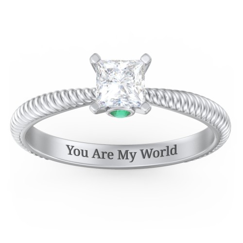 1/2 ct. Princess Gemstone Peek-A-Boo Engagement Ring with Twisted Rope Band – Sterling Silver with White Premium Zirconia and Emerald