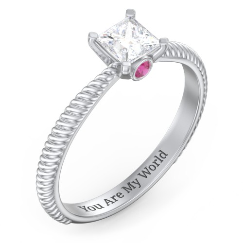 1/2 ct. Princess Gemstone Peek-A-Boo Engagement Ring with Twisted Rope Band – Sterling Silver with White Premium Zirconia and Ruby