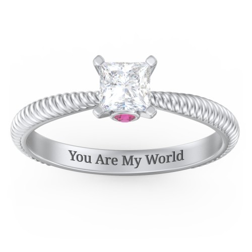 1/2 ct. Princess Gemstone Peek-A-Boo Engagement Ring with Twisted Rope Band – Sterling Silver with White Premium Zirconia and Ruby