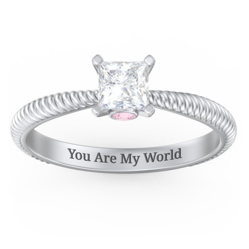 1/2 ct. Princess Gemstone Peek-A-Boo Engagement Ring with Twisted Rope Band – Sterling Silver with White Premium Zirconia and Pink Tourmaline