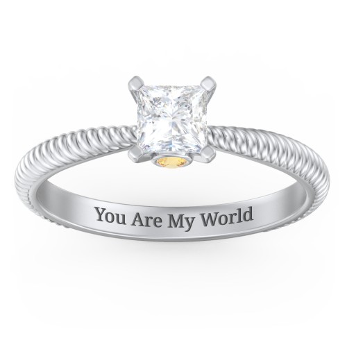 1/2 ct. Princess Gemstone Peek-A-Boo Engagement Ring with Twisted Rope Band – Sterling Silver with White Premium Zirconia and Citrine