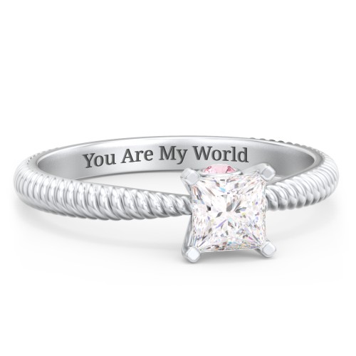 1/2 ct. Princess Gemstone Peek-A-Boo Engagement Ring with Twisted Rope Band – Sterling Silver with White Premium Zirconia and Pink Tourmaline