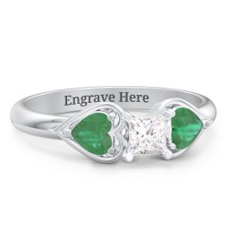 1/4 ct. Princess Gemstone Engagement Ring with Heart Stones in 925 Sterling Silver with White Premium Zirconia and Emerald