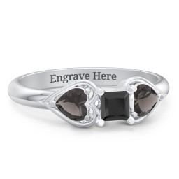 1/4 ct. Princess Gemstone Engagement Ring with Heart Stones in 925 Sterling Silver with Black Premium Zirconia and Smokey Quartz
