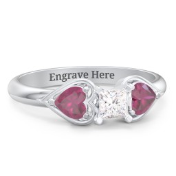1/4 ct. Princess Gemstone Engagement Ring with Heart Stones in 925 Sterling Silver with White Premium Zirconia and Ruby