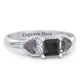 1/2 ct. Princess Gemstone Engagement Ring with Heart Stones in 925 Sterling Silver with Black Premium Zirconia and Alexandrite