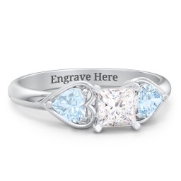 1/2 ct. Princess Gemstone Engagement Ring with Heart Stones in 925 Sterling Silver with White Premium Zirconia and Aquamarine