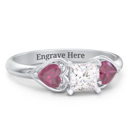 1/2 ct. Princess Gemstone Engagement Ring with Heart Stones in 925 Sterling Silver with White Premium Zirconia and Ruby