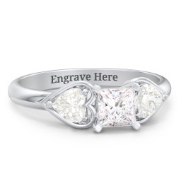 1/2 ct. Princess Gemstone Engagement Ring with Heart Stones in 925 Sterling Silver with White Premium Zirconia and Cubic Zirconia