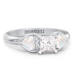 1/2 ct. Princess Gemstone Engagement Ring with Heart Stones in 925 Sterling Silver with White Premium Zirconia and Opal