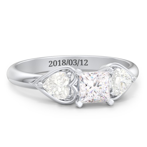 1/2 ct. Princess Gemstone Engagement Ring with Heart Stones – 10K White Gold with White Premium Zirconia and Cubic Zirconia