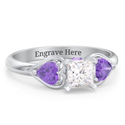 1/2 ct. Princess Gemstone Peek-A-Boo Engagement Ring with Heart Stones in 925 Sterling Silver