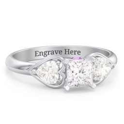 1/2 ct. Princess Gemstone Peek-A-Boo Engagement Ring with Heart Stones in 925 Sterling Silver with White Premium Zirconia, Cubic Zirconia, and Amethyst