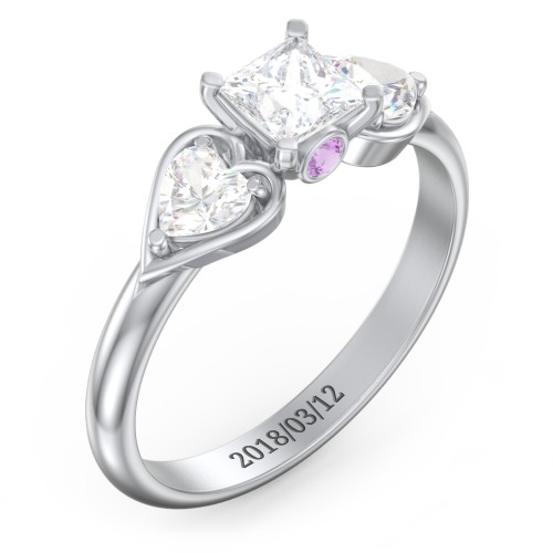 1/2 ct. Princess Gemstone Peek-A-Boo Engagement Ring with Heart Stones – 10K White Gold with White Premium Zirconia, Cubic Zirconia, and Amethyst