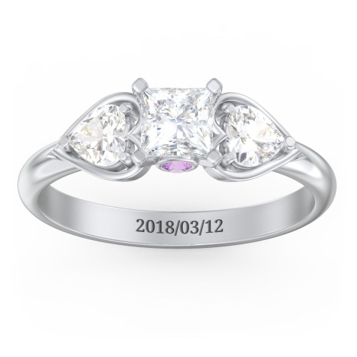 1/2 ct. Princess Gemstone Peek-A-Boo Engagement Ring with Heart Stones – 10K White Gold with White Premium Zirconia, Cubic Zirconia, and Amethyst