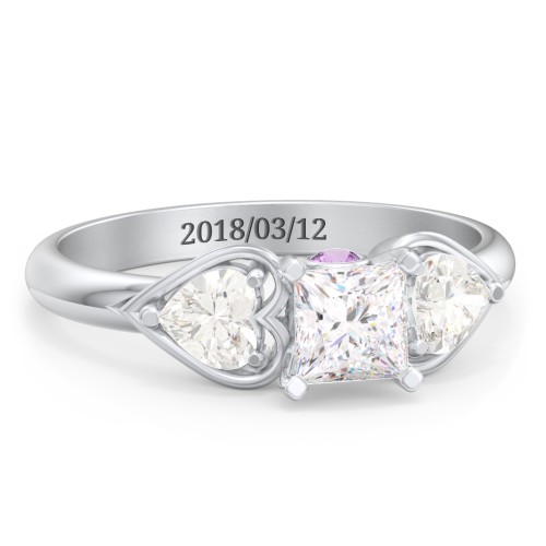 1/2 ct. Princess Gemstone Peek-A-Boo Engagement Ring with Heart Stones – 10K White Gold with White Premium Zirconia, Cubic Zirconia, and Amethyst