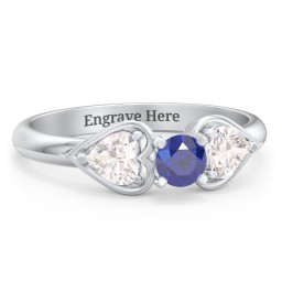 1/4 ct. Round Gemstone Engagement Ring with Heart Stones in 10K Solid White Gold with Blue Sapphire and Cubic Zirconia