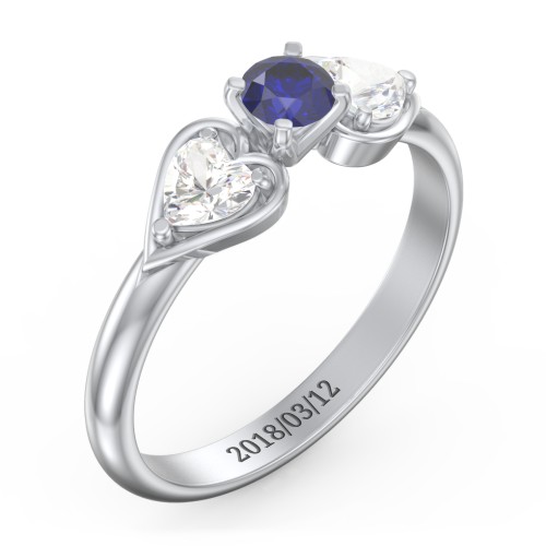 1/4 ct. Round Gemstone Engagement Ring with Heart Stones – 10K White Gold with Blue Sapphire and Cubic Zirconia