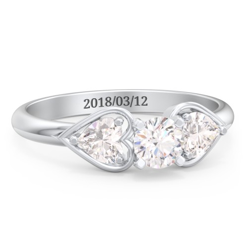 1/3 ct. Round Gemstone Engagement Ring with Heart Stones – 10K White Gold with White Premium Zirconia and Cubic Zirconia