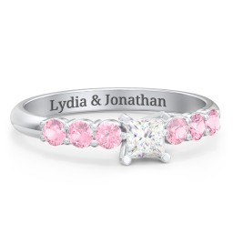 1/4 ct. Princess Gemstone Engagement Ring with Side Gemstones in 925 Sterling Silver with White Premium Zirconia and Pink Tourmaline