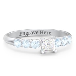 1/4 ct. Princess Gemstone Engagement Ring with Side Gemstones in 925 Sterling Silver with White Premium Zirconia and Aquamarine