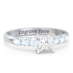 1/2 ct. Princess Gemstone Engagement Ring with Side Gemstones in 925 Sterling Silver with White Premium Zirconia and Aquamarine