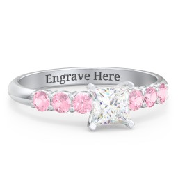1/2 ct. Princess Gemstone Engagement Ring with Side Gemstones in 925 Sterling Silver with White Premium Zirconia and Pink Tourmaline