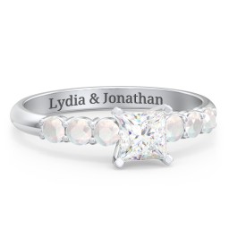 1/2 ct. Princess Gemstone Engagement Ring with Side Gemstones in 925 Sterling Silver with White Premium Zirconia and Opal