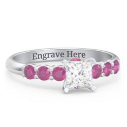 1/2 ct. Princess Gemstone Peek-A-Boo Engagement Ring with Side Gemstones in 925 Sterling Silver with White Premium Zirconia and Ruby