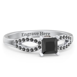 1/2 ct. Princess Gemstone Split Peek-A-Boo Engagement Ring with Accents in 925 Sterling Silver with Black Premium Zirconia and Smokey Quartz