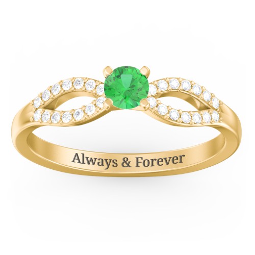 1/4 ct. Round Gemstone Split Engagement Ring with Accents – 14K Yellow Gold with Emerald and White Premium Zirconia