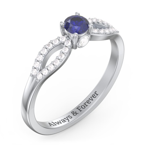 1/4 ct. Round Gemstone Split Peek-A-Boo Engagement Ring with Accents – 10K White Gold with Blue Sapphire, White Premium Zirconia, and Cubic Zirconia